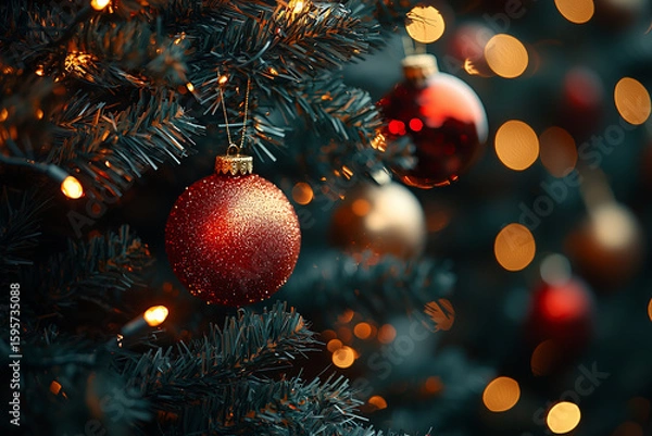 Fototapeta close-up of realistic Christmas tree branches, red and gold ornaments hanging, soft lights glowing, dark background blurred, extreme depth of field, cinematic lighting