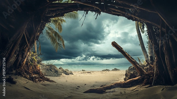 Fototapeta dead tree on the beach, summer, coast, sand, landscape, driftwood, wood, tropical, old