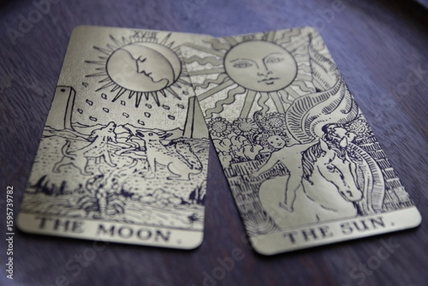 Fototapeta Mystical atmosphere captured through a detailed tarot card arrangement on a textured surface. Rich symbolism and traditional esoteric themes evoke intuition, divination, and spiritual insight. Ideal f
