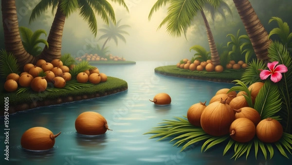 Obraz A serene and dreamy oil painting featuring a mesmerizing array of coconuts gently drifting along a winding