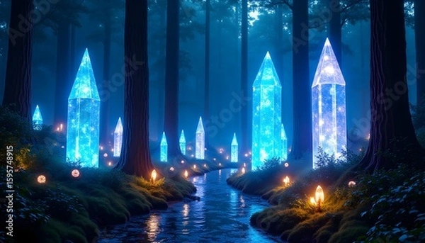 Fototapeta Luminous Forest of Elixirs: Giant Glowing Bottles in a Vibrant Bioluminescent Woodland