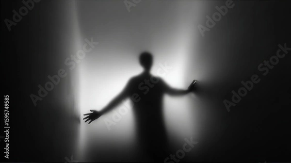 Fototapeta Silhouetted figure pressed against translucent surface, captured in monochrome