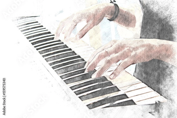 Fototapeta Beautiful woman playing piano keyboard on watercolor painting background. 