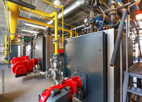 Fototapeta The interior of a modern gas boiler house with boilers, pumps, valves and a multitude of sensors