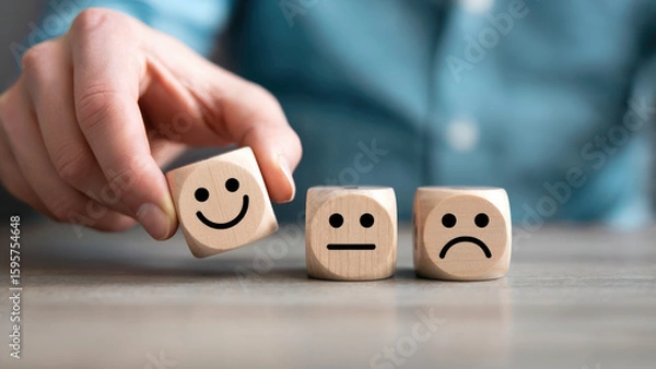 Obraz Hand selecting happy wooden dice from neutral and sad faces