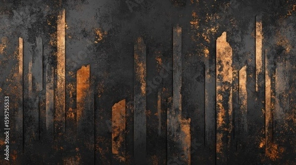 Fototapeta A highly textured abstract design with dark shades of charcoal and metallic accents of copper and gold, evoking a modern, industrial aesthetic