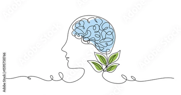 Obraz One continuous line drawing of human head with plant inside. Mental health and psychology vector concept. Creative ideas  grow up  positive thinking and self care. Growth mindset skills illustration