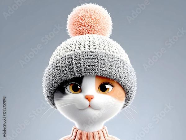 Fototapeta Close-up portrait of an cat wearing a funny handmade winter woolen hat, looking up with curiosity, funny animals