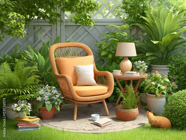 Fototapeta Ginger tabby relaxing on rattan armchair amid potted greenery, side table with books and lamp, embodying serene garden leisure moment