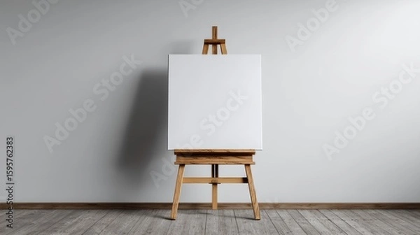 Fototapeta Blank White Canvas on Wooden Easel in Minimalist Interior Space