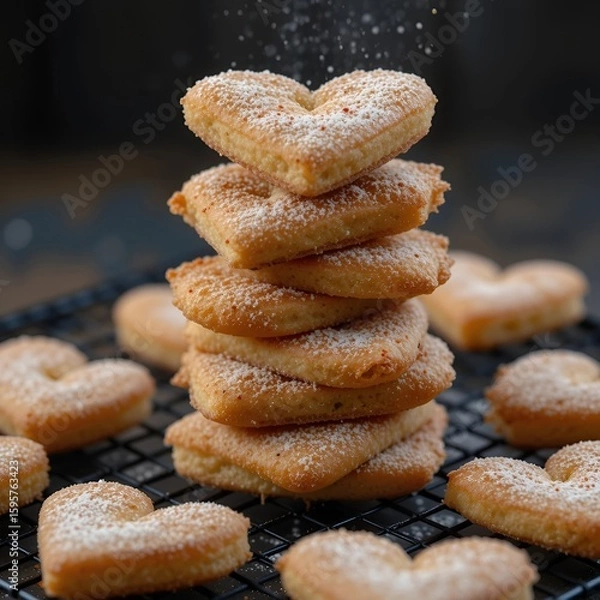 Obraz A stack of heart shaped cookies with powdered sugar on a black wire rack with more cookies around it
