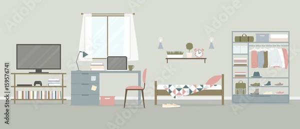 Obraz Vector interior of the room with bed, workplace, wardrobe