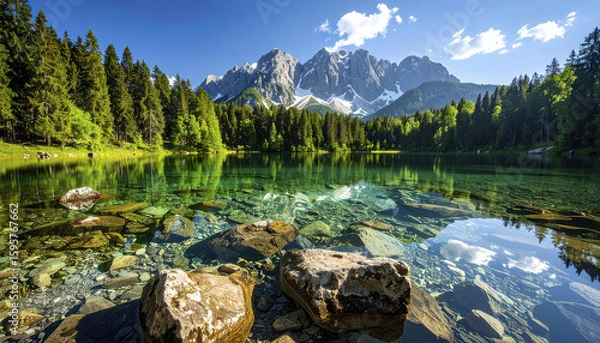 Obraz Transparent alpine lake with submerged rocks and vibrant green trees reflects snowy mountain peaks under bright blue sky, creating peaceful and refreshing natural landscape