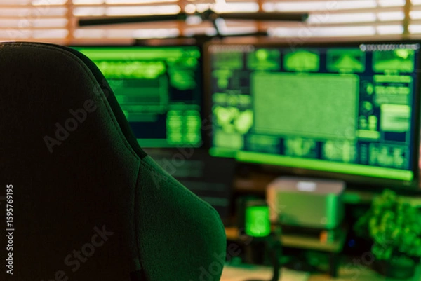 Fototapeta In a dimly lit cyber lair, a glowing hacker mask watches over a desk as encrypted code streams across three glowing monitors — the hack has already begun.