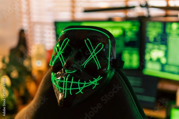 Fototapeta In a dimly lit cyber lair, a glowing hacker mask watches over a desk as encrypted code streams across three glowing monitors — the hack has already begun.