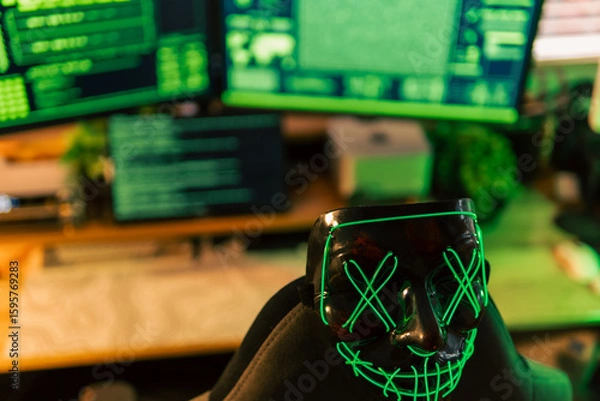 Fototapeta In a dimly lit cyber lair, a glowing hacker mask watches over a desk as encrypted code streams across three glowing monitors — the hack has already begun.