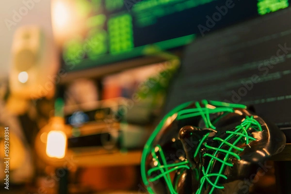 Fototapeta In a dimly lit cyber lair, a glowing hacker mask watches over a desk as encrypted code streams across three glowing monitors — the hack has already begun.