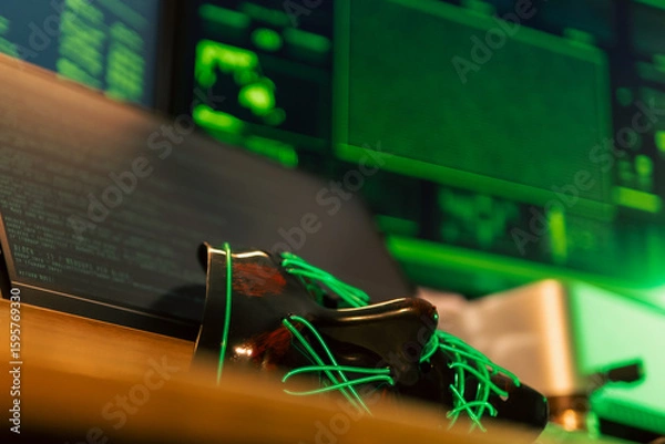 Fototapeta In a dimly lit cyber lair, a glowing hacker mask watches over a desk as encrypted code streams across three glowing monitors — the hack has already begun.