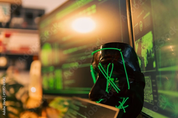 Fototapeta In a dimly lit cyber lair, a glowing hacker mask watches over a desk as encrypted code streams across three glowing monitors — the hack has already begun.