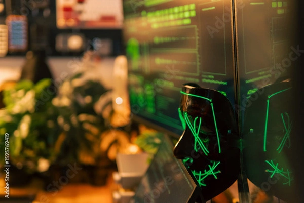 Fototapeta In a dimly lit cyber lair, a glowing hacker mask watches over a desk as encrypted code streams across three glowing monitors — the hack has already begun.