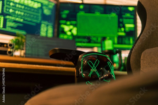 Fototapeta In a dimly lit cyber lair, a glowing hacker mask watches over a desk as encrypted code streams across three glowing monitors — the hack has already begun.