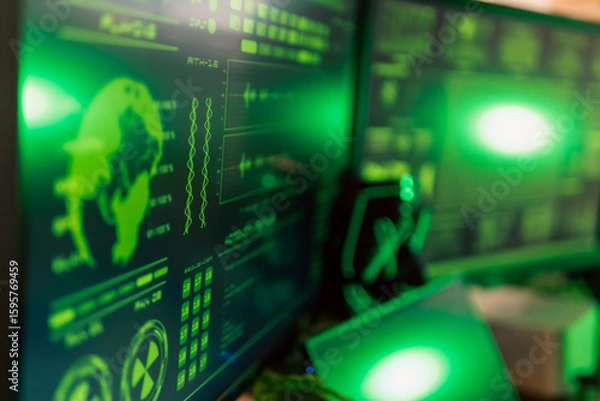 Fototapeta In a dimly lit cyber lair, a glowing hacker mask watches over a desk as encrypted code streams across three glowing monitors — the hack has already begun.
