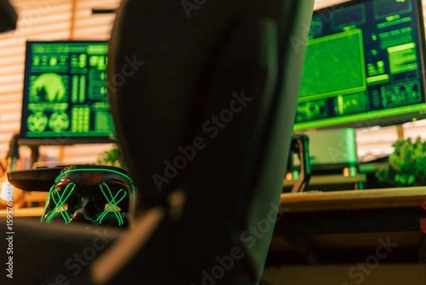 Fototapeta In a dimly lit cyber lair, a glowing hacker mask watches over a desk as encrypted code streams across three glowing monitors — the hack has already begun.