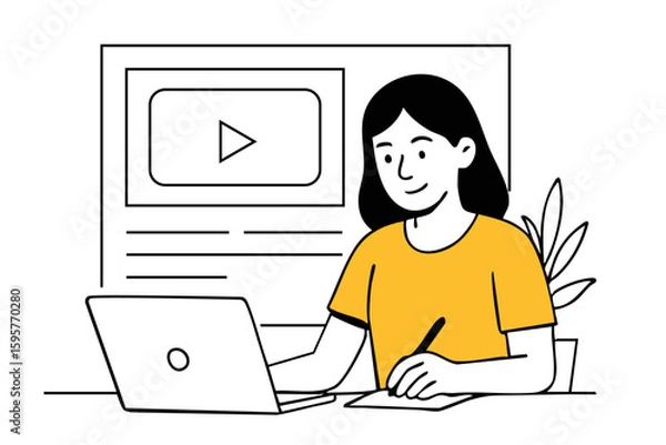 Obraz Young gen z woman working remotely with laptop and digital pen – flat vector illustration