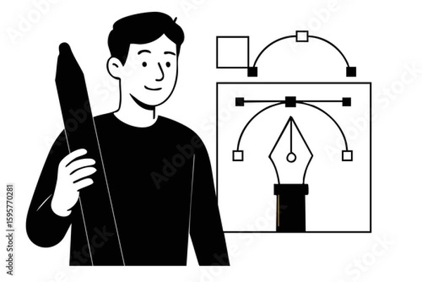 Obraz Male gen z designer holding digital pen with vector interface – flat vector illustration