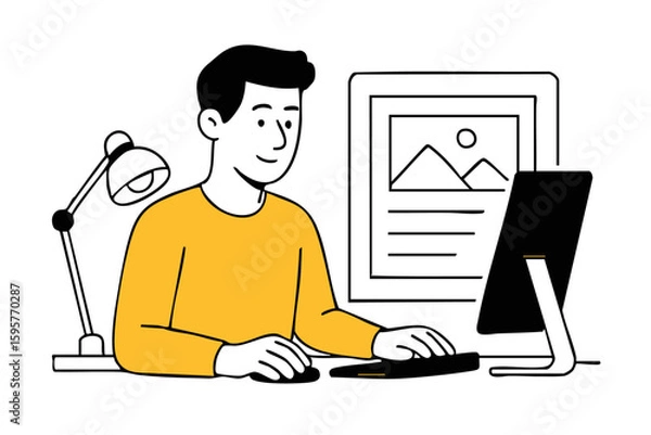 Obraz Young man working on desktop computer with image layout – flat vector illustration