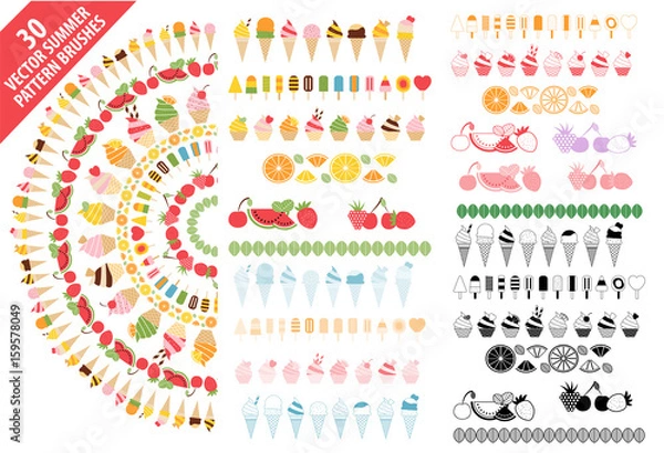 Fototapeta Summer vector pattern brushes with colorful ice cream, popsicle, desserts and fruits set