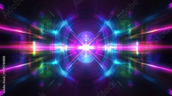Fototapeta A high-tech abstract design featuring glowing grid lines, geometric shapes, and vibrant neon light patterns in shades of purple, blue, and green, creating a sleek, futuristic atmosphere