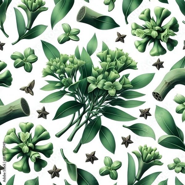 Obraz Elegant botanical arrangement featuring green flowers, leaves, and star anise on white background.