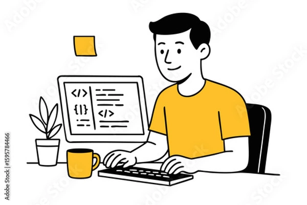 Obraz Young gen z web developer coding on laptop at home – flat vector illustration