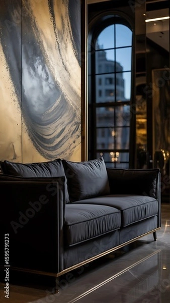 Fototapeta Elegant black sofa with gold trim in luxury apartment with city view through arched windows at dusk