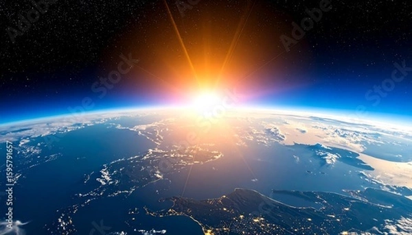 Obraz Stunning Sunrise View Earths Horizon with Suns Rays Shining, and Space Backdrop.