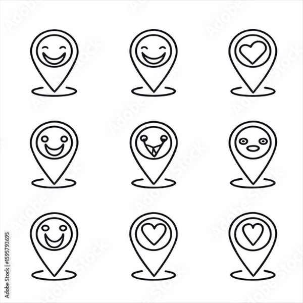 Fototapeta Map pin emoticon and reaction line icon set with happy smiley face and favorite heart symbols for social media
