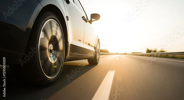 Fototapeta On the Road: A sleek, black car speeds along a highway at a high speed, the wheels blurred by motion, symbolizing the dynamism of travel and modern transport.