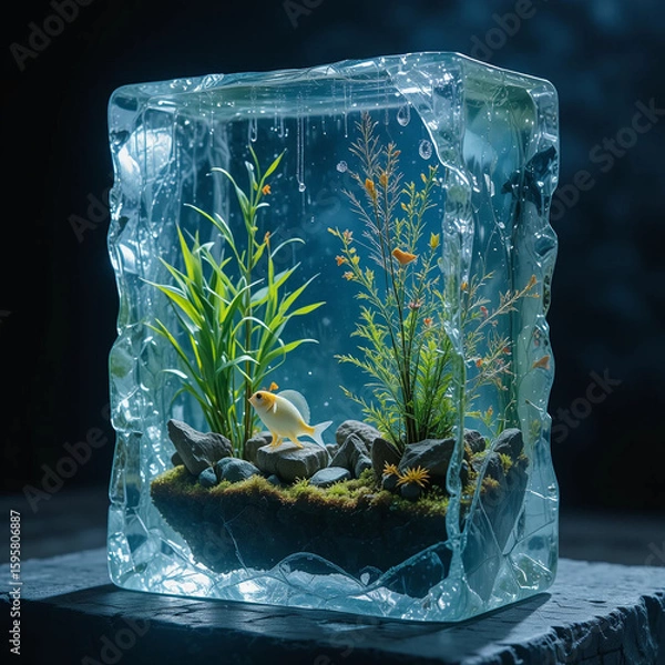 Fototapeta Ice cube aquarium with goldfish, plants, rocks and moss on a dark stone surface in a studio shot