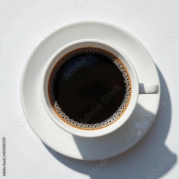 Fototapeta A top down view of a cup of black coffee with foam on a white saucer casting a shadow on white surface