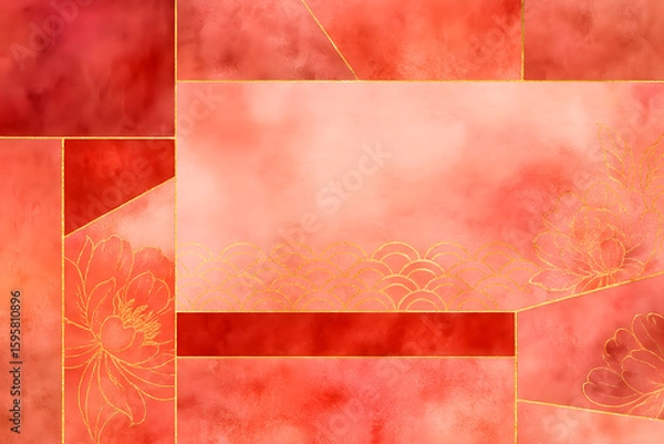 Fototapeta 赤と金の幾何学模様と花の和風アート










