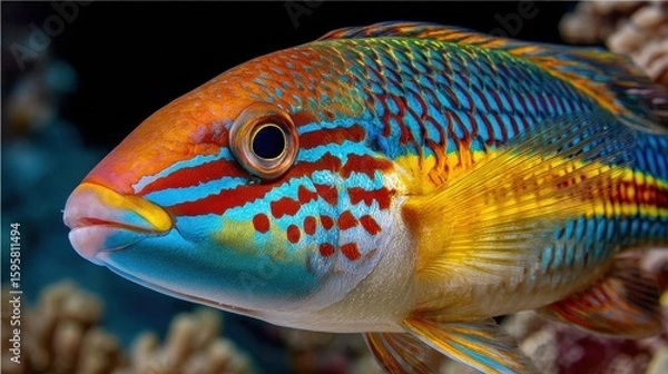Fototapeta Close-up of a colorful coral reef fish with vibrant orange, blue, yellow, and red patterns swimming among coral and sea underwater environment
