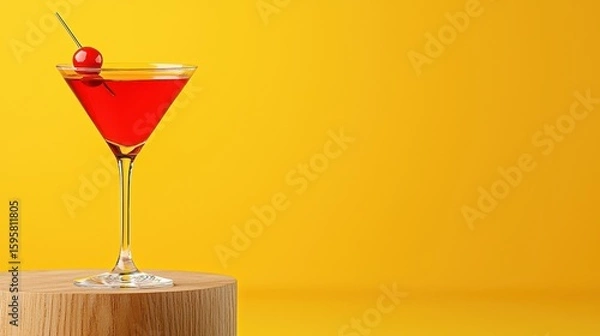 Obraz Red Cocktail with Cherry on Yellow Background