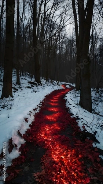 Obraz Red Glowing Leaves on Dark Forest Path in Winter. Generated with AI