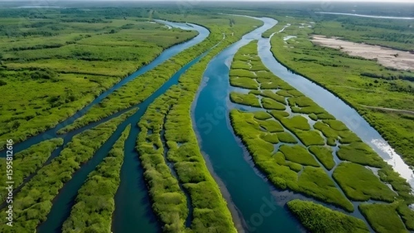 Obraz Aerial View of a River Delta with Winding Channels and Lush Green Vegetation. Generated with AI