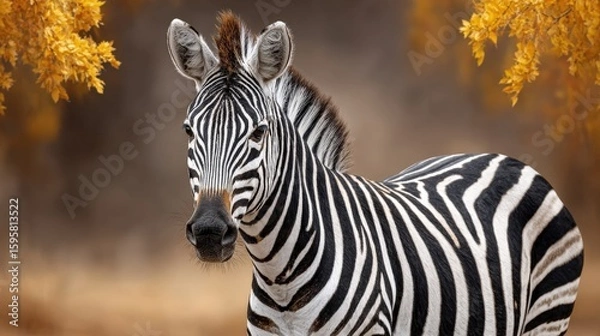 Fototapeta Close-up of a Striking Zebra in a Natural Autumn Landscape with Fall Foliage and Warm Tones, Highlighting Unique Black and White Stripes and Expressive Facial Features