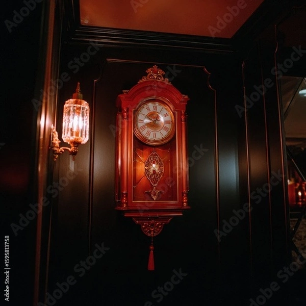 Fototapeta Elegant vintage wall clock with ornate design and gold accents hanging on dark wood-paneled wall illuminated by decorative wall sconce in dimly lit interior