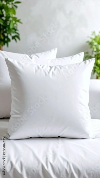 Obraz Clean white pillows on a bed with blurred plants.