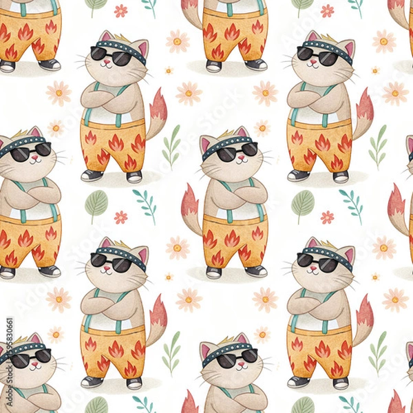 Fototapeta seamless watercolor pattern cat on white background