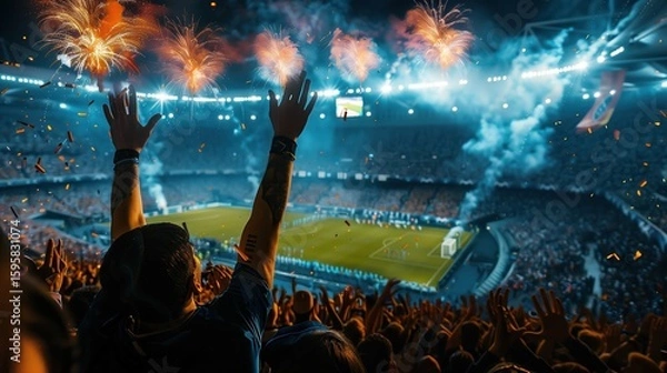 Obraz Nighttime Sports Event Celebration A Thrilled Crowd and Fireworks in an Arena